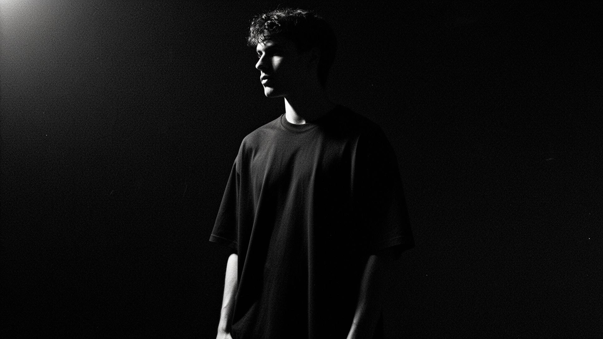 Figure in an oversized heavyweight Exile t-shirt, lit from one side against pitch black.